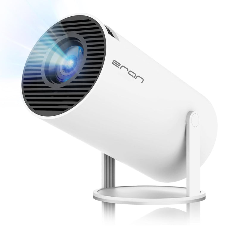 Mini vidéoprojecteur portable HD vu de face avec sa télécommande — projecteur compact pour cinéma d'extérieur