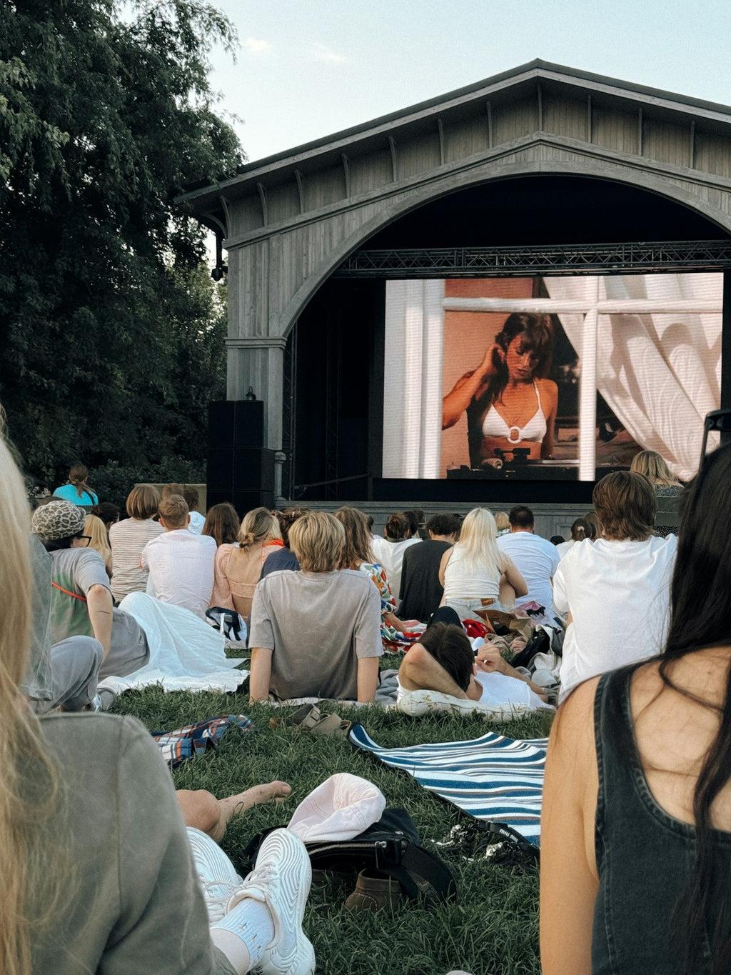 Projection en extérieur au crépuscule avec vidéoprojecteur HD portable — cinéma outdoor entre amis